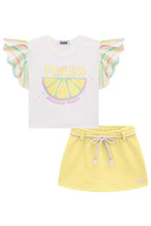 Conjunto Infantil Blusa Boxy em M. Malha e Tricoline Fresh e Short-saia em Moletom Relevo