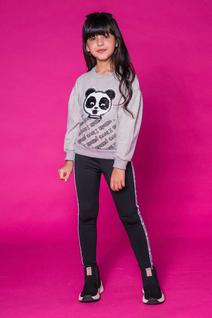 Conjunto Infantil Blusa Manga Bufante Moletom Peluciado Panda em Paetês e Legging Peluciad