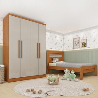 Conjunto Infantil com Guarda Roupa e Cama 100% MDF Harmonia Espresso Móveis Cinamomo / Off