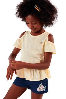 Conjunto Infantil Menina De Tecido Tricoline Fio Tinto Com Estampa Xadrez Vichy Mundi