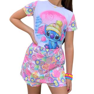 Conjunto Infantil Menina Stitch Moana Estampado- Short Saia com Cropped ou Short e Blusinh