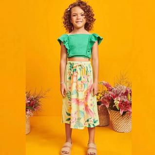 Conjunto Infantil Menina Verão Blusa Malha Wave e Saia Midi em Malha Fresh Floral Tam 4 a 