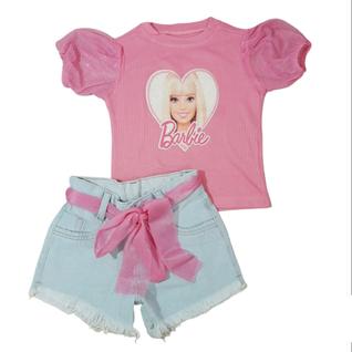 Conjunto Infantil Verão Barbie Girl Blusa Baby Look e Short Jeans Roupa da Barbie Pink Men