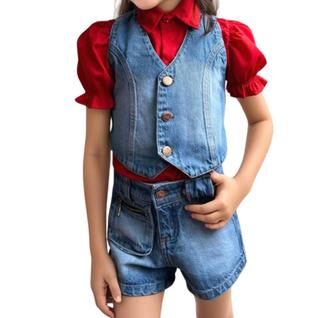 Conjunto Jeans Infantil Meninas Confortavel-Short+Camisa Social+Colete-Parque-Festas-Natal