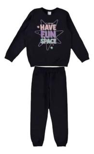 Conjunto Moletom Casaco Calça Feminino Menina Criança Infantil Cor Preto Malwee
