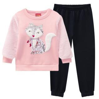 Conjunto Moletom Infantil Feminino Casaco Moletom com Pelo e Legging Raposa Paetê KYLY
