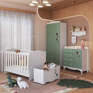 Conjunto Quarto de Bebê com Berço, Cômoda, Guarda-roupa, Prateleira e Baú de Brinquedos Br