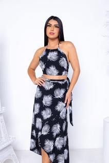 Conjunto Saia Envelope Midi Longa Transpassada E Cropped