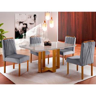 Conjunto Sala de Jantar Mesa Tampo de Vidro 4 Cadeiras Lisboa Mundial Móveis Mel/Cinza