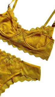 Conjunto sem bojo amarelo lingerie calcinha e sutiã de renda