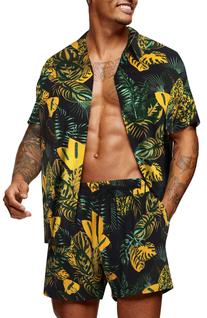 Conjunto tropical de camisa e shorts havaianos masculinos Coofandy
