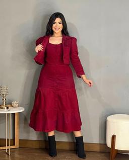 Conjunto vestido MIDI+jaqueta manga 3/4 botões funcionais