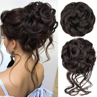 Coque de cabelo RONTAYA Messy Bun Wavy Curly Sintético Marrom escuro