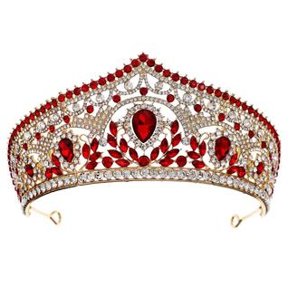 Coroa de casamento de cristal dourado e vermelho com pedras de gota de água.