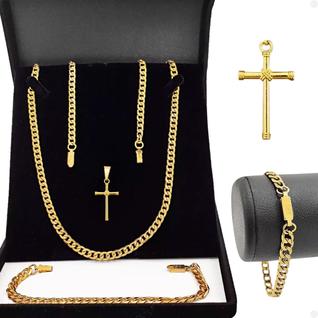 Corrente dourada aço inox + pingente cruz presente casual moda masculina qualidade premium