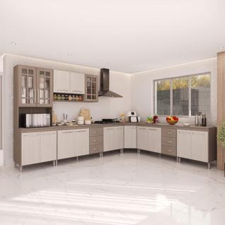 Cozinha Modulada Completa Fidelitá Paris 7 Peças 600cm 16 Portas 6 Gavetas Com Tampo Nogal