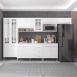 Cozinha Modulada Completa Fidelitá Viena 6 Peças 330cm 15 Portas 3 Gavetas Com Tampo Branc