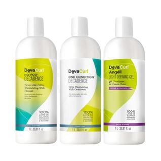 Deva Curl Decadence No Poo 1L, Condicionador 1L e Angel Gel 1L