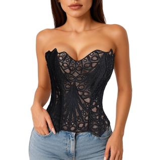 Espartilho LEACOOLKEY, blusa floral transparente em renda
