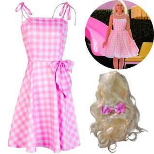 Fantasia Da Barbie Vestido Rosa Xadrez + Peruca Loira
