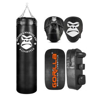 Gorilla Kit Saco Pancada Profissional 120 Cm + Aparador Chute + Manopla Foco Soco Boxe Mua