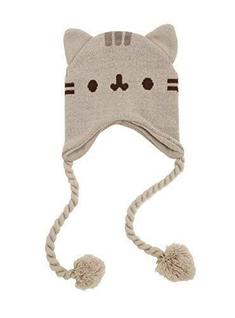 Gorro Pusheen com Orelhas e Rosto de Gato Cinza com Franjas