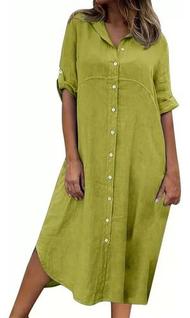 H2601-Vestido Feminina Chemise Camisa Longa Camisão Liso Solto Plus Size Casual Básico