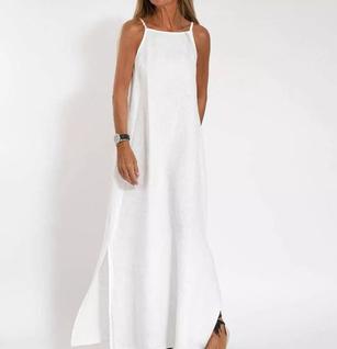 H3301-Vestido Longo Plus Size Branco Preto Solto Festa Comfy Alcinha Casual Básico