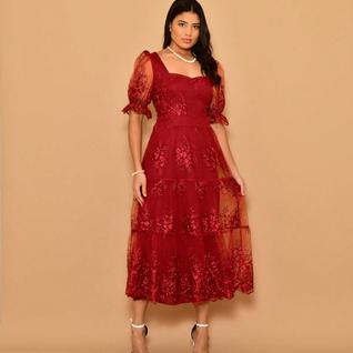 Helena Vestido midi festa tule bordado manga curto 0115