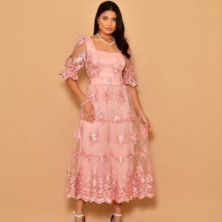 Helena Vestido midi festa tule bordado manga curto 0115