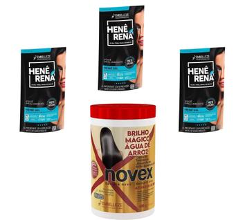 Hene Em Gel Rena Preto Cafe 03x180gr Pouch+Brilho Magico Agua de Arroz 1kg Creme Tratament