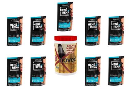 Hene Em Gel Rena Preto Natural 09x180gr Pouch+Brilho Magico Agua Arroz 1kg Creme Tratament
