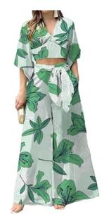 I0502-Conjunto Feminino Calça Pantalona Top Cropped Estampado 82p