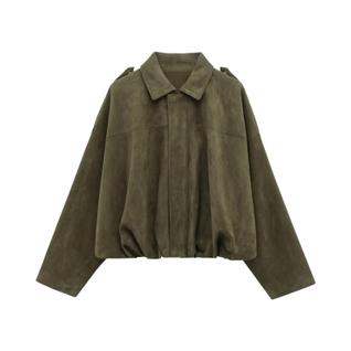 Jaqueta Bomber Feminina De Camurça Manga Longa Com Zíper, Caimento Solto, Casual, Cropped,