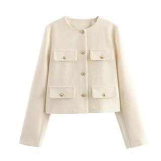 Jaqueta Cropped Vintage De Tweed Para Mulheres, Manga Longa, Elegante, Com Botões, Casaco