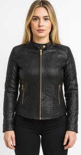 Jaqueta de Couro Feminina Elegante Marrom Preto Corte Slim Fit De
