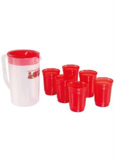 Jarra 2 Litros Para Suco Água + 6 Copos de Plástico Vermelho Flor