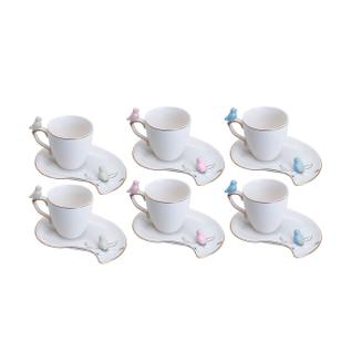 Jogo 6 xícaras 90ml para café de porcelana com pires Cute Birds Plate Wolff - 18124