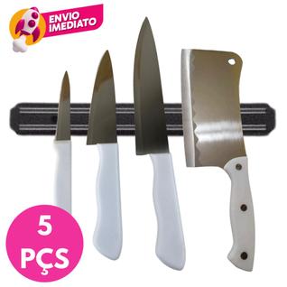 Kit 05 Pç: Barra Magnetica 50cm E Jogo Com 03 Facas E Cutelo Profissional 6” Organizador C
