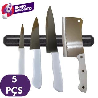 Kit 05 Pç Barra Magnetica 50cm e Jogo Com 03 Facas e Cutelo Profissional 6” Organizador Co