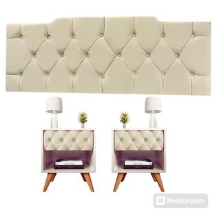Kit 1 Cabeceira 160 Queen Vitoria 2Mesa de Cabeceira Glamour Vitoria Decor Pé Madeira Gave