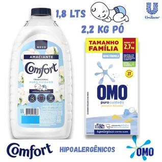 Kit 1 Lava Roupas Pó Omo 2,2kg e 1 Amaciante Comfort Puro Cuidado Roupas Finas de Bebês 1,