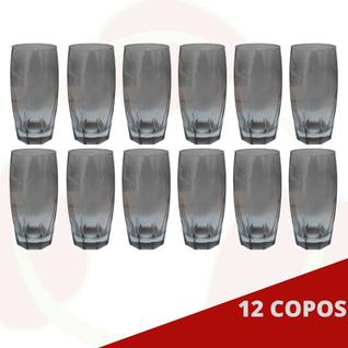 Kit 12 Copos de Vidro Cinza Florida Mesa Chique Jantar 370ml