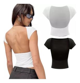 Kit 2 Blusa Cropped Costa Aberta Preto E Branco Poliamida