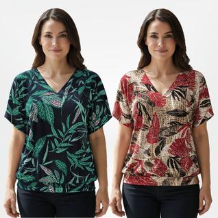 Kit 2 Blusa Feminina Elegante Decote Gola V Manga Morcego Estampada