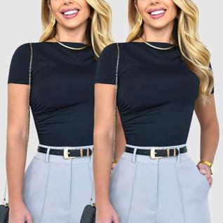 Kit 2 Blusas Blusinha Baby Look Feminina Básicas Manga Curta Suplex Drapeada