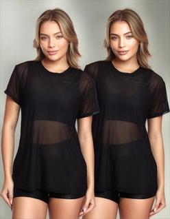 Kit 2 Blusas Manga Curta Tule Transparente Fitness Academia