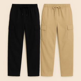 Kit 2 Calça Cargo Larga Sarja Unissex com 5 Bolsos Corte Reto Diversas Cores Streetwear