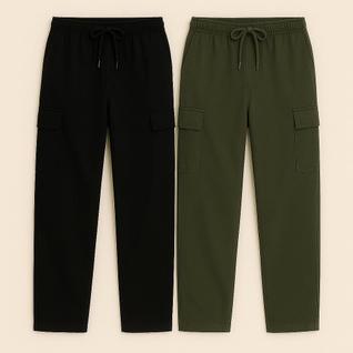 Kit 2 Calça Cargo Larga Sarja Unissex com 5 Bolsos Corte Reto Diversas Cores Streetwear