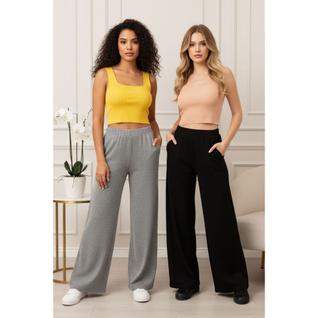 Kit 2 Calças Feminina Pantalona Malha Viscose Zipituka Preto e Cinza
